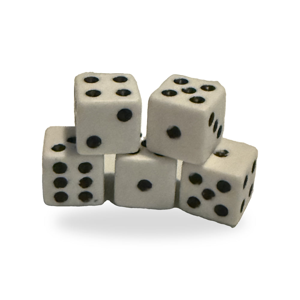 Five standard white six-sided dice for generating Bitcoin seed entropy by hand