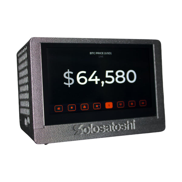 Black Bitaxe Touch Turbo solo miner showing the live Bitcoin price on its touchscreen