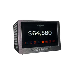Black Bitaxe Touch Turbo solo miner showing the live Bitcoin price on its touchscreen