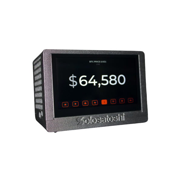 Black Bitaxe Touch Turbo solo miner showing the live Bitcoin price on its touchscreen