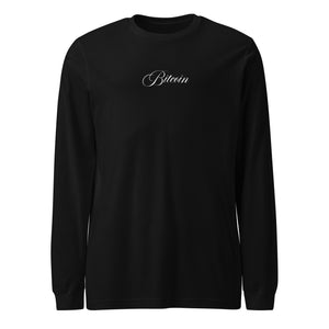 Cursive Bitcoin Long Sleeve Tee - front view